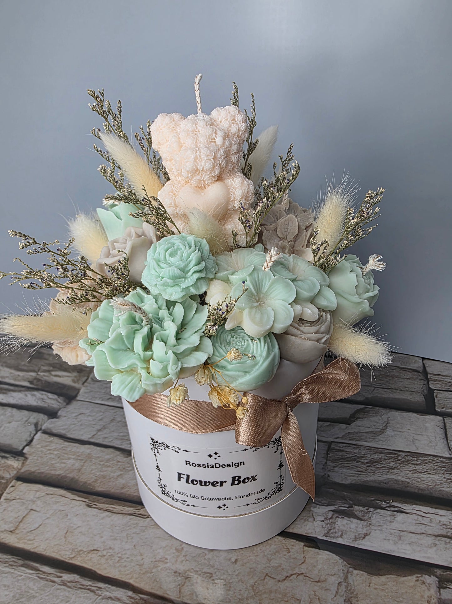 Kerzen - Blumenstrauß mit Teddy Mint Beige