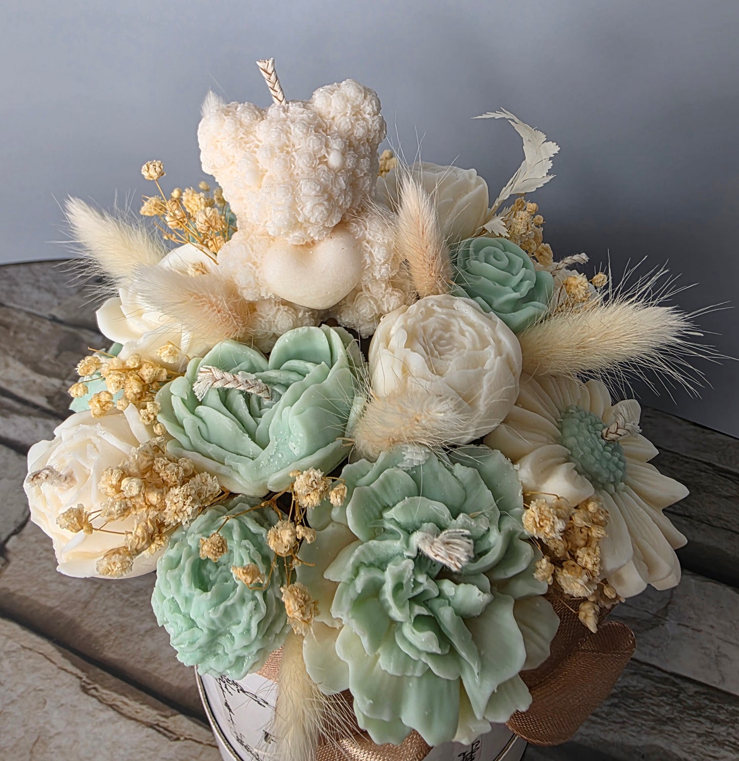 Kerzen - Blumenstrauß mit Teddy Mint Beige Samtgras