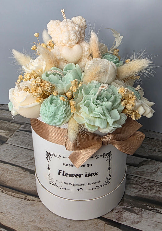 Kerzen - Blumenstrauß mit Teddy Mint Beige Samtgras