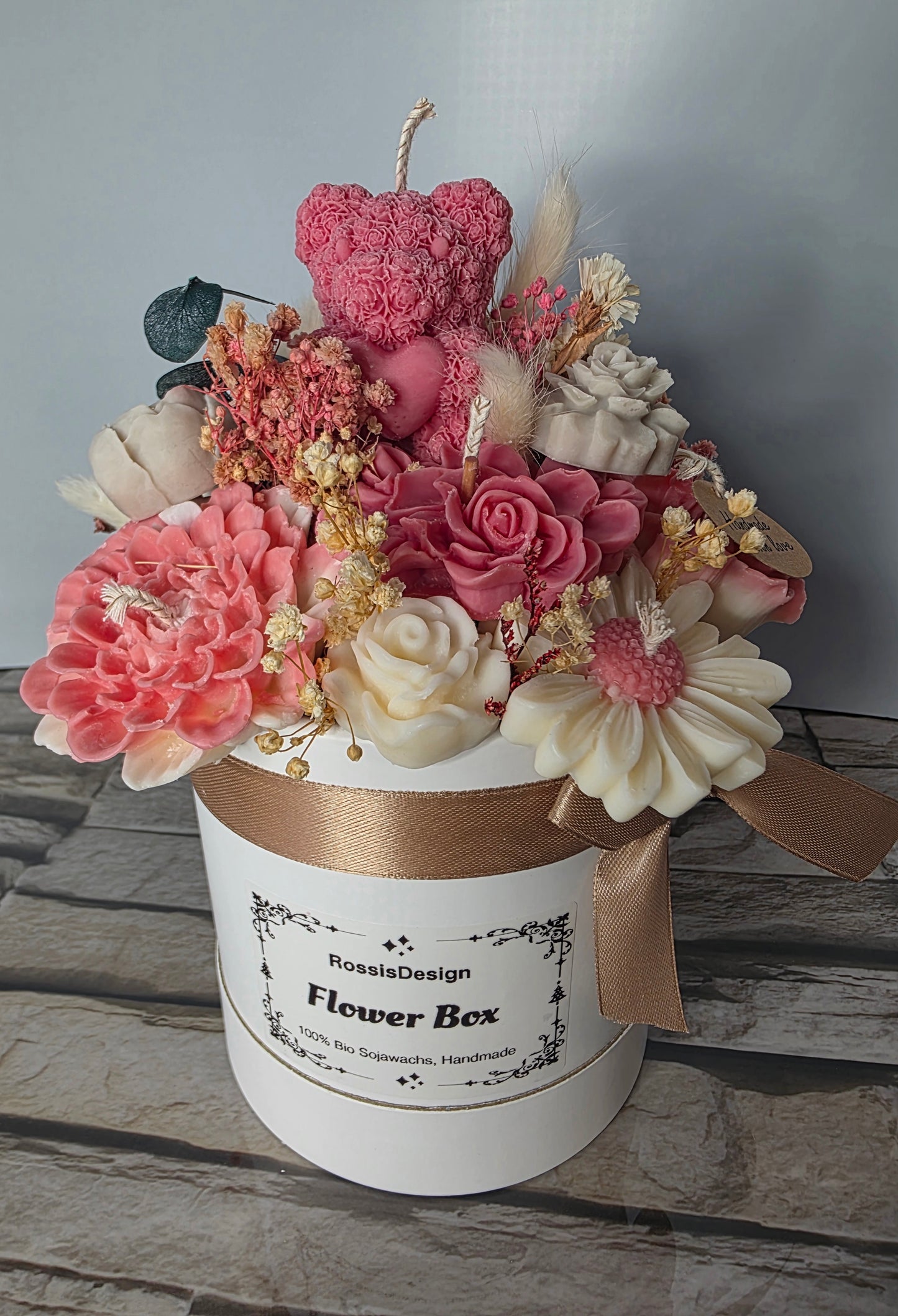 Kerzen - Blumenstrauß mit Teddy Rose´ Beige