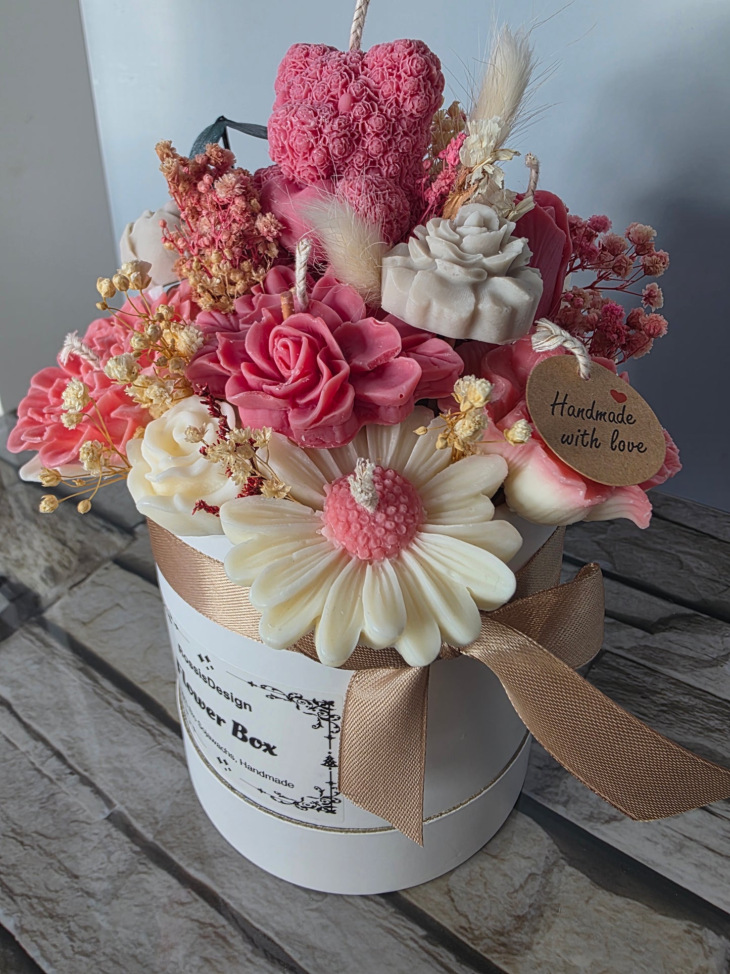 Kerzen - Blumenstrauß mit Teddy Rose´ Beige
