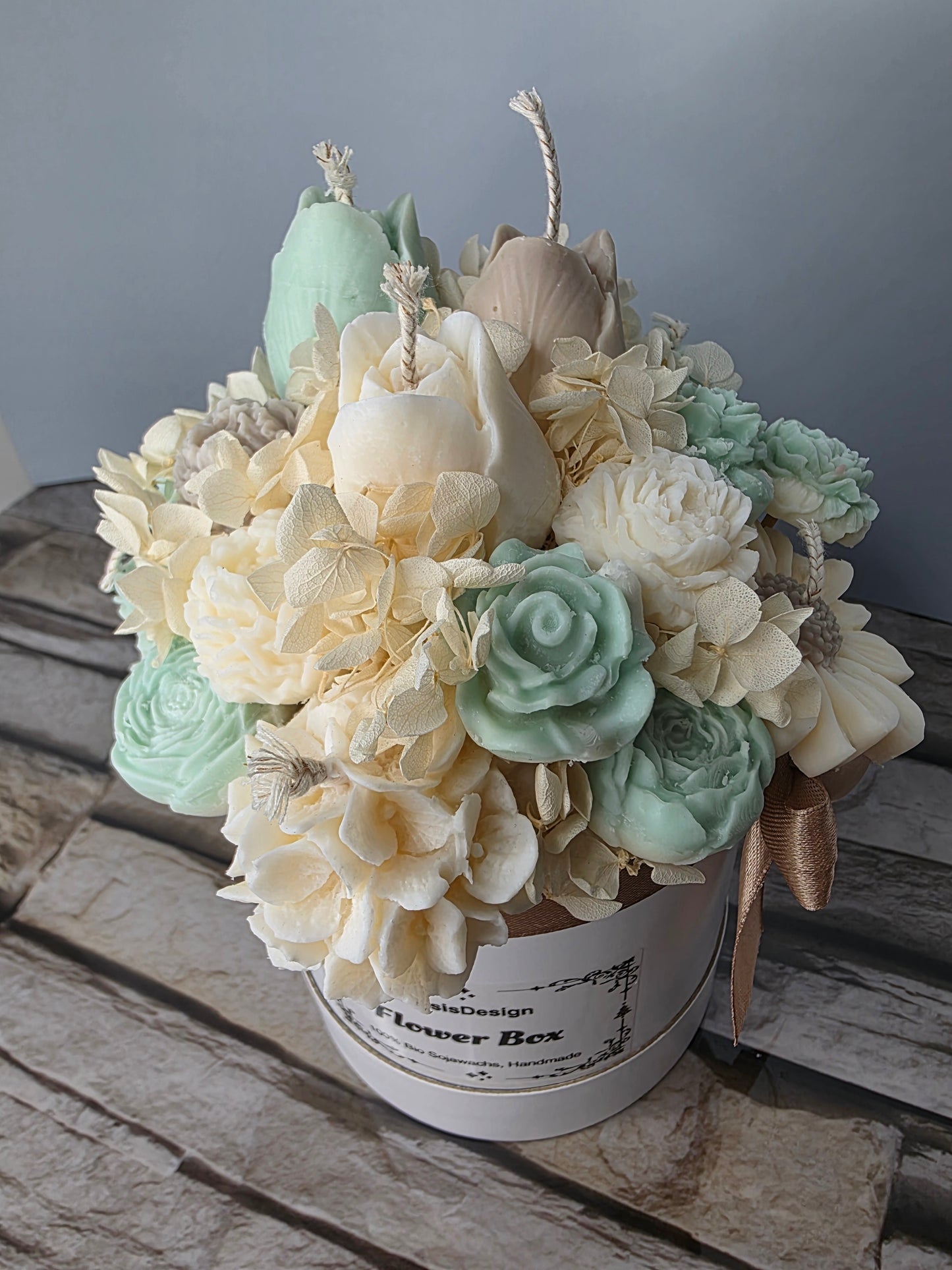 Kerzen - Blumenstrauß mit Teddy Mint Beige 3 Tulpen